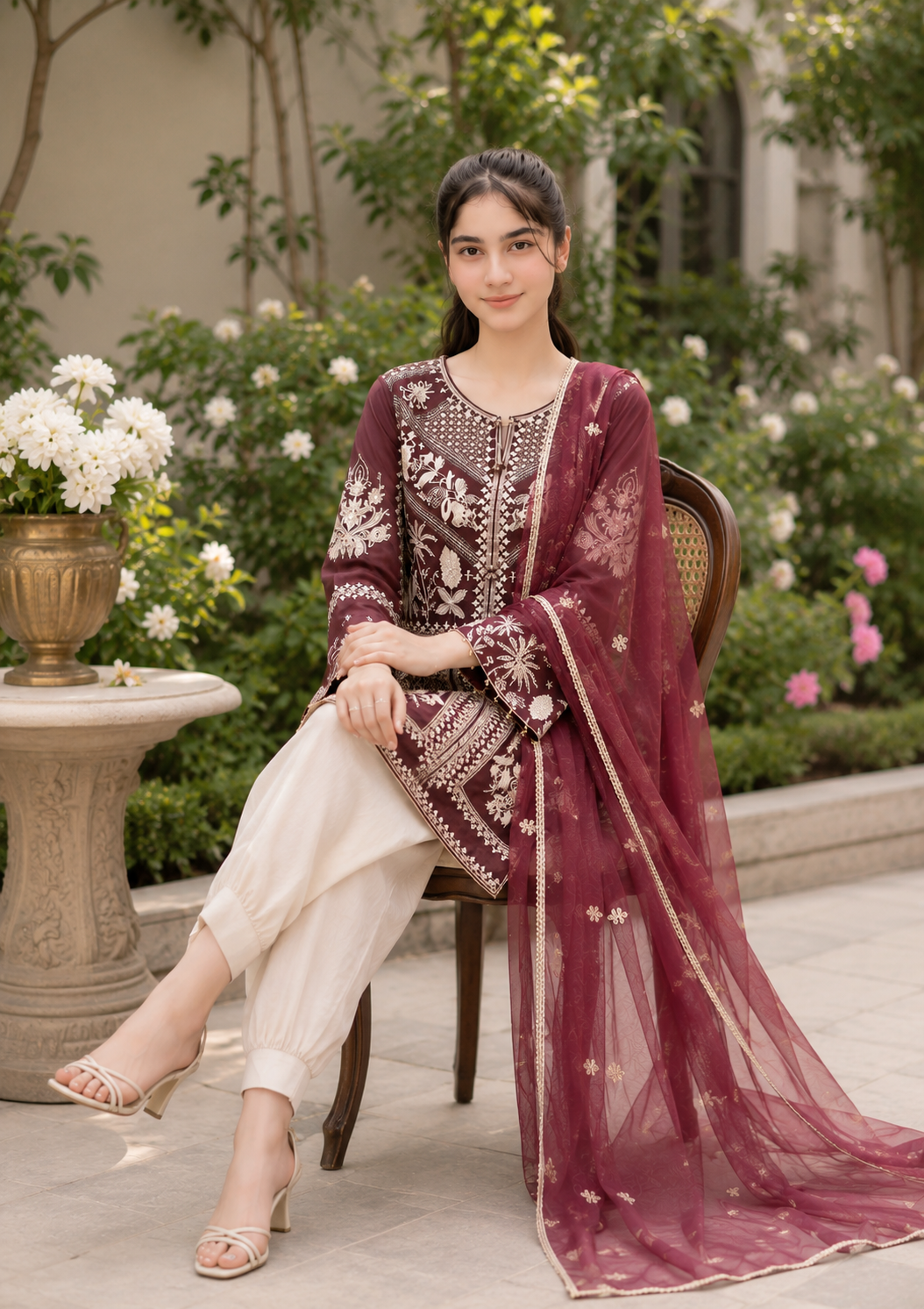 Plum Luxury Embroidered 3-Piece Suit with Organza Dupatta & Tulip Shalwar