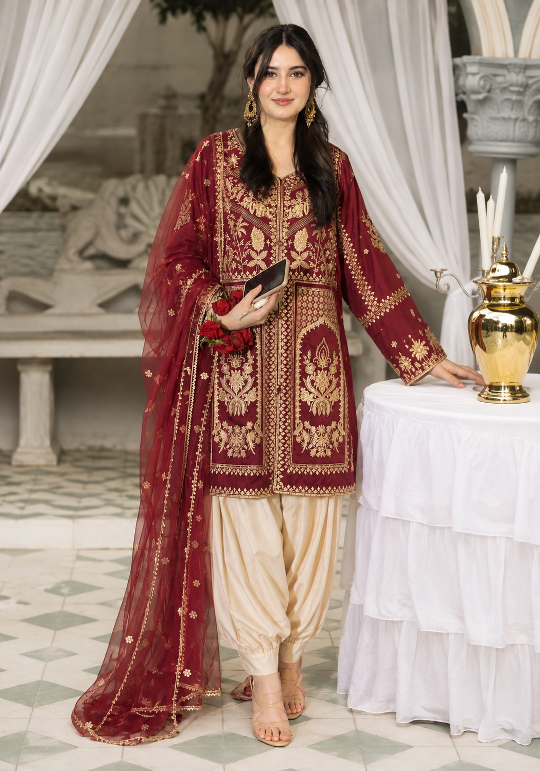 Ruby Red Luxury Embroidered 3-Piece Suit with Organza Dupatta & Tulip Shalwar