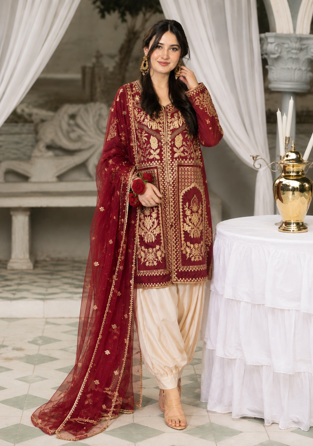 Ruby Red Luxury Embroidered 3-Piece Suit with Organza Dupatta & Tulip Shalwar