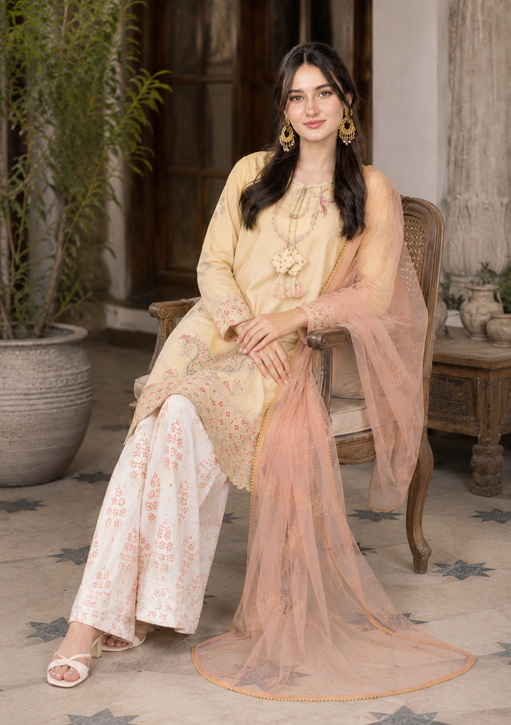 Cream Ivory Embroidered 3-Piece Lawn Suit with Organza Dupatta & Printed Palazzo