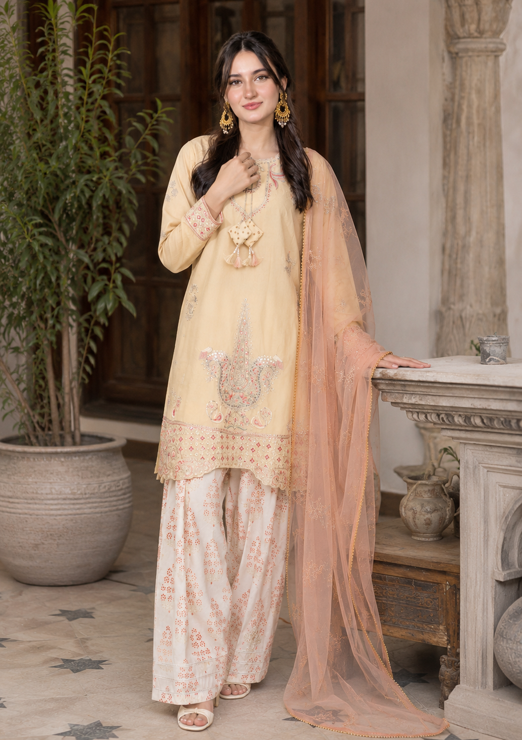 Cream Ivory Embroidered 3-Piece Lawn Suit with Organza Dupatta & Printed Palazzo