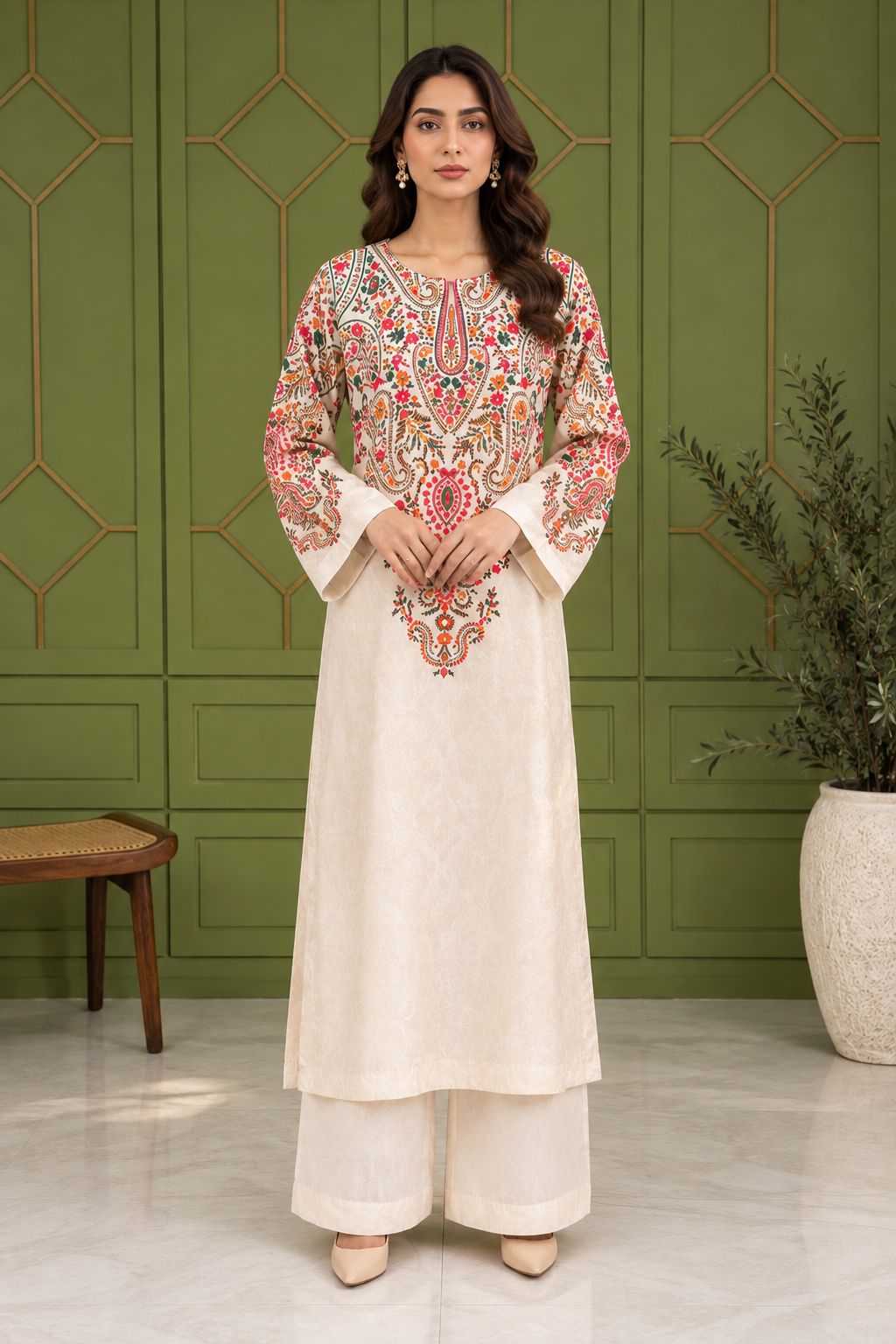 Elegant printed kaftaan 2-Piece Suit – Ivory