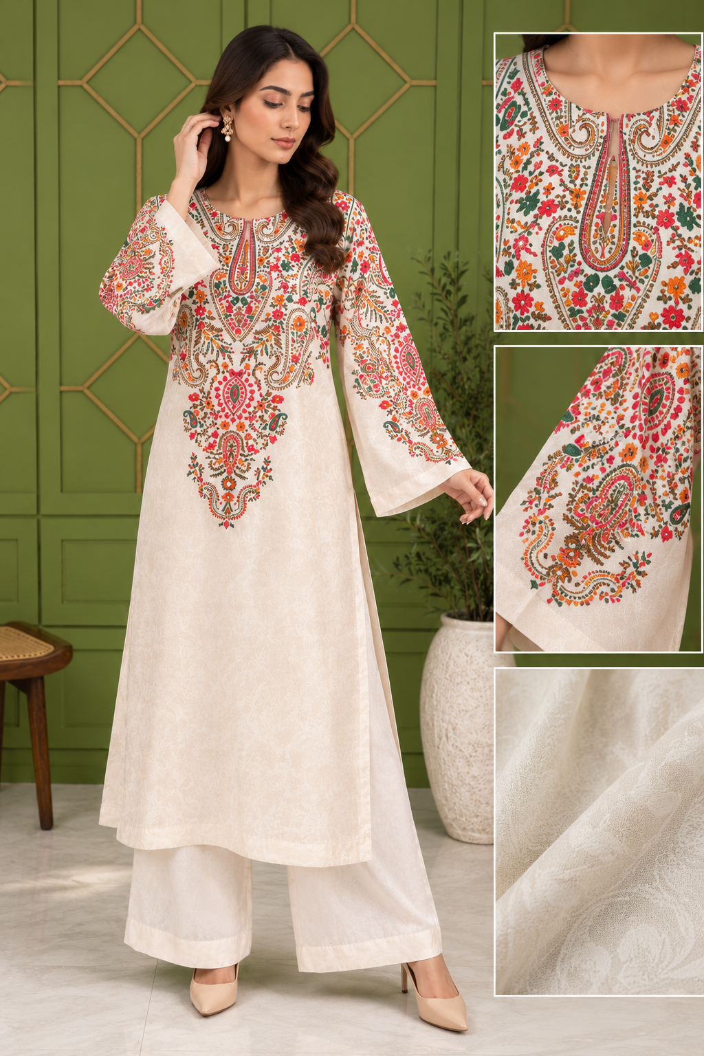 Elegant printed kaftaan 2-Piece Suit – Ivory