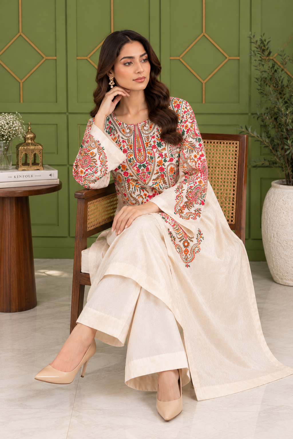 Elegant printed kaftaan 2-Piece Suit – Ivory