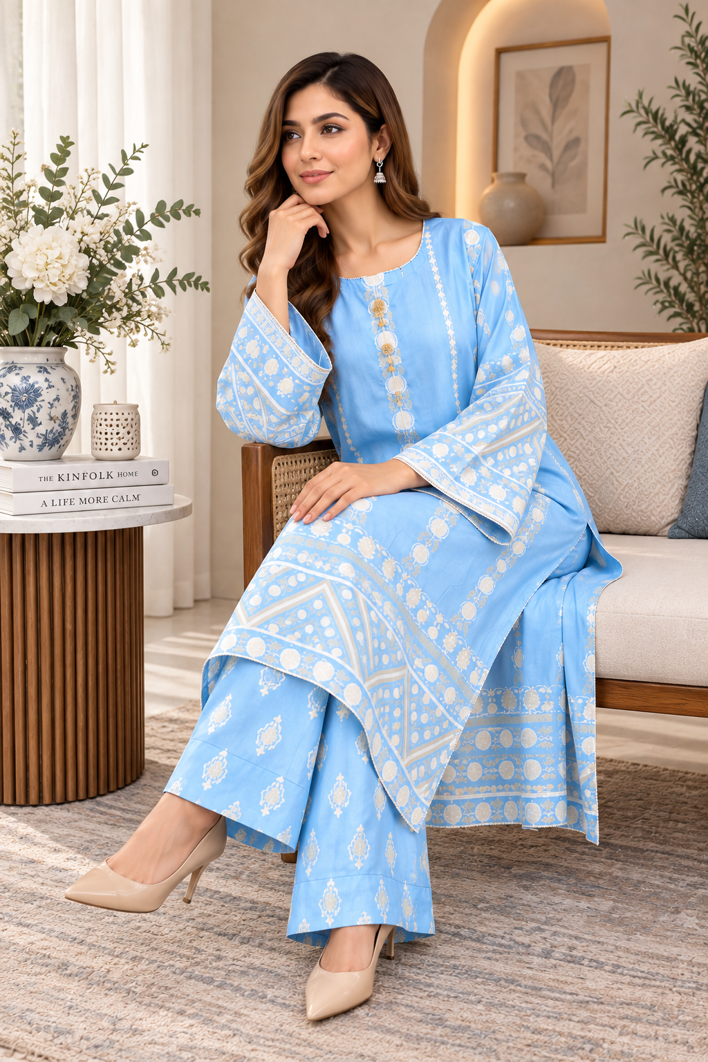 Sky Blue Printed 2-Piece Suit – Elegant Wide-Sleeve Design