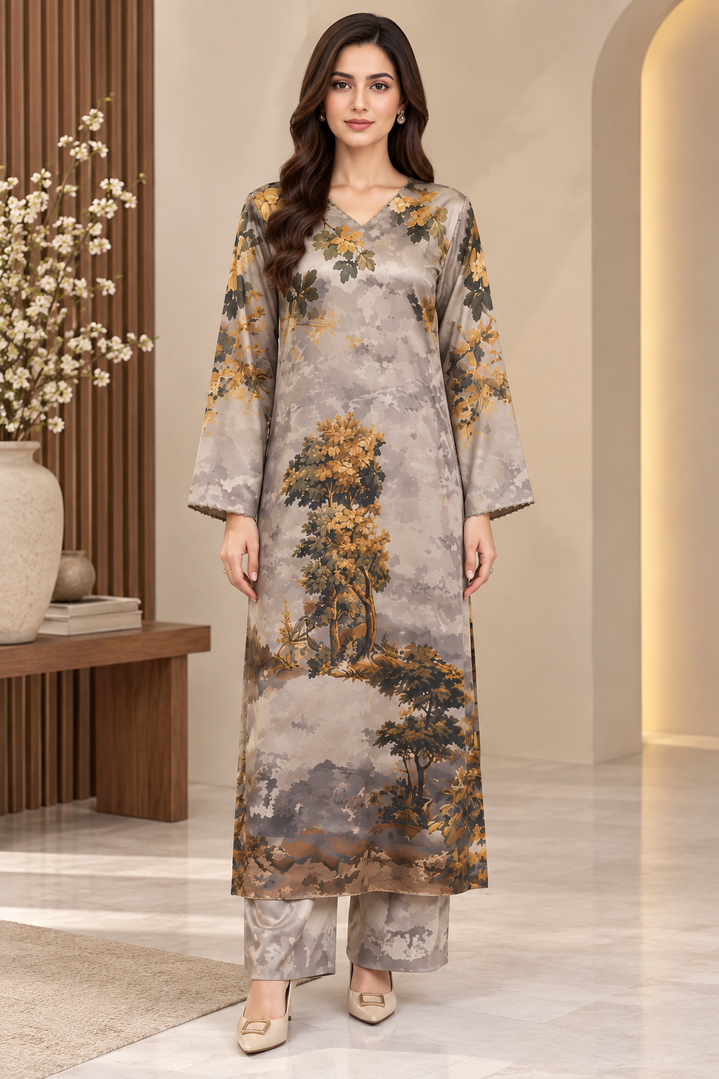 Luxury Printed Silk Kaftan – Elegant Botanical Print