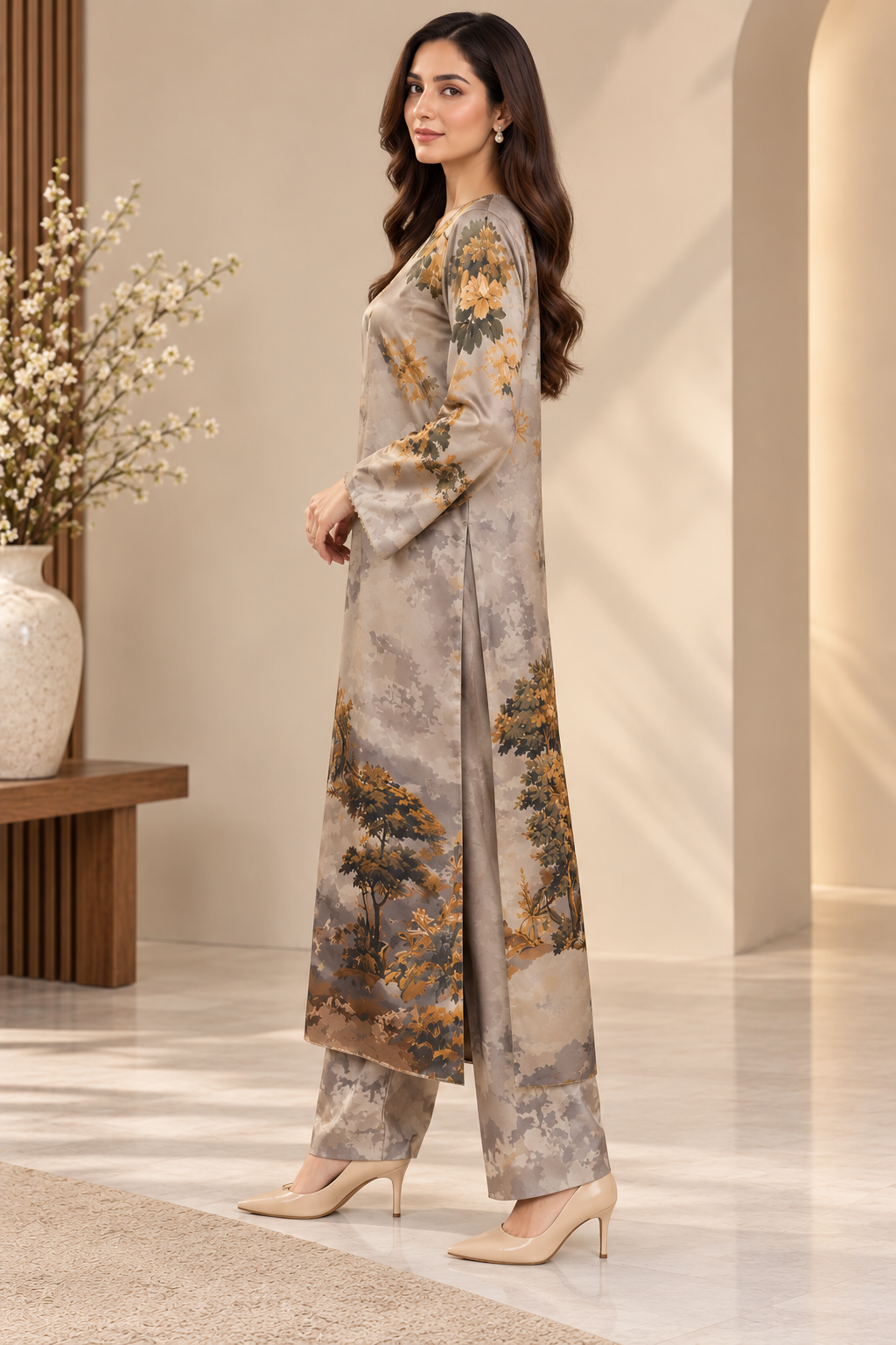 Luxury Printed Silk Kaftan – Elegant Botanical Print