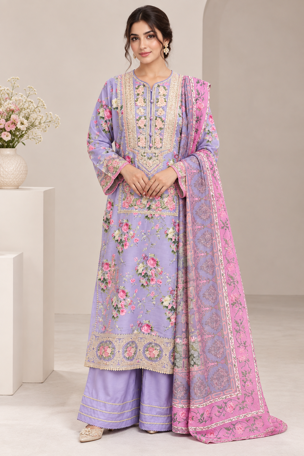 Lavender Floral Embroidered Viscose 3PC Suit with Pink Printed Dupatta