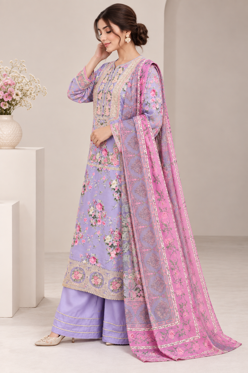 Lavender Floral Embroidered Viscose 3PC Suit with Pink Printed Dupatta