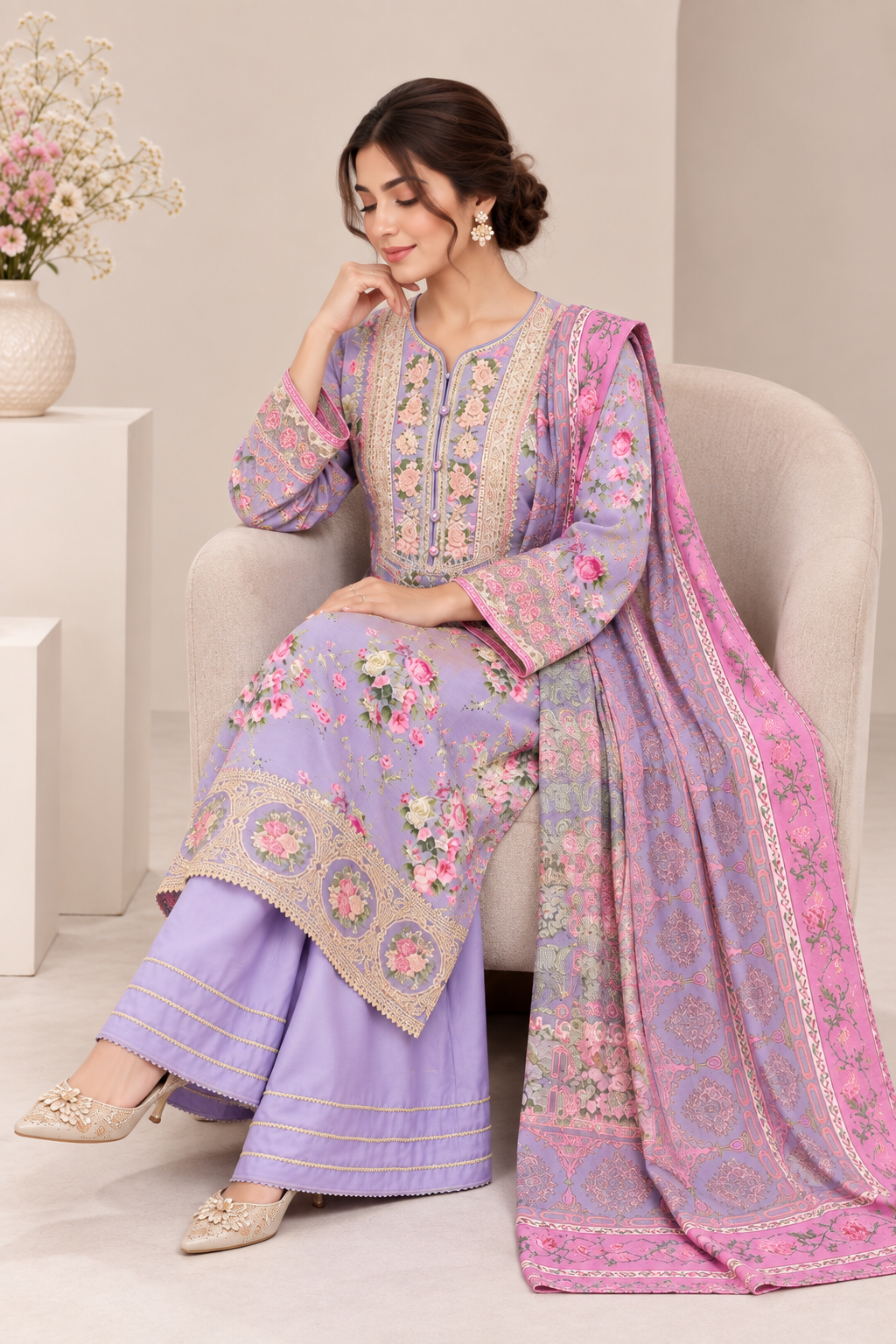 Lavender Floral Embroidered Viscose 3PC Suit with Pink Printed Dupatta