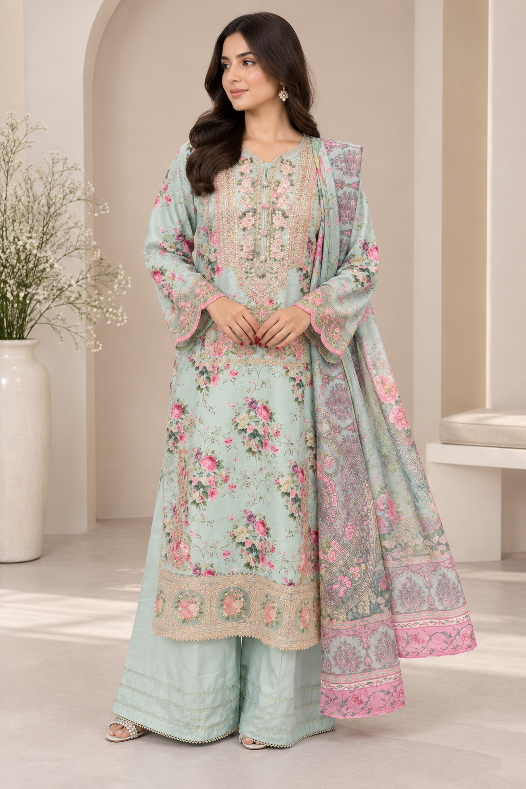 Mint Green Floral Embroidered Viscose 3PC Suit with Printed Dupatta