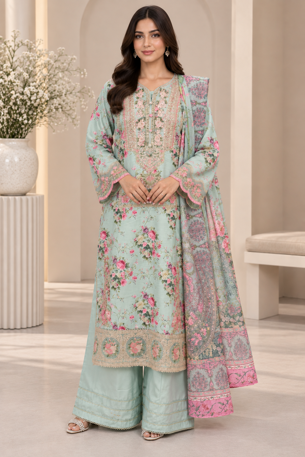 Mint Green Floral Embroidered Viscose 3PC Suit with Printed Dupatta