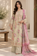 Beige Floral Embroidered Viscose 3PC Suit with Pink Printed Dupatta