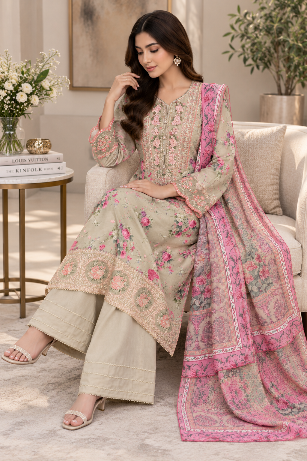 Beige Floral Embroidered Viscose 3PC Suit with Pink Printed Dupatta