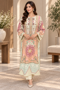 Peach Pink Floral Printed Silk-Finish Lawn Kaftan-Style 2PC Suit