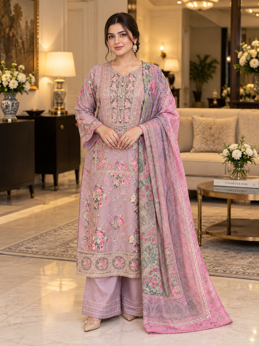 Mauve Pink Floral Embroidered Viscose 3PC Suit with Printed Dupatta