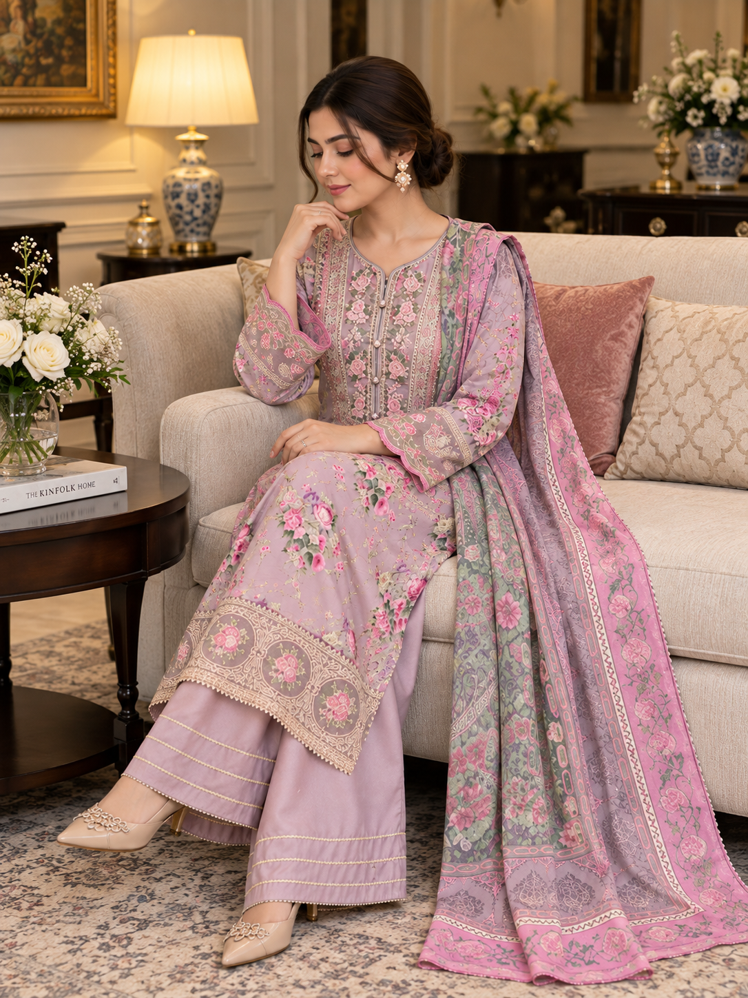 Mauve Pink Floral Embroidered Viscose 3PC Suit with Printed Dupatta