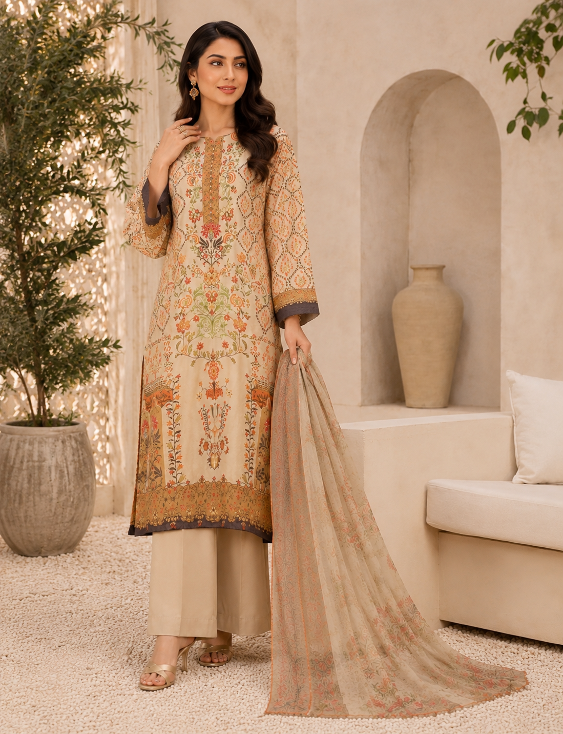 Beige Floral Printed Silk 3-Piece Kaftan Suit