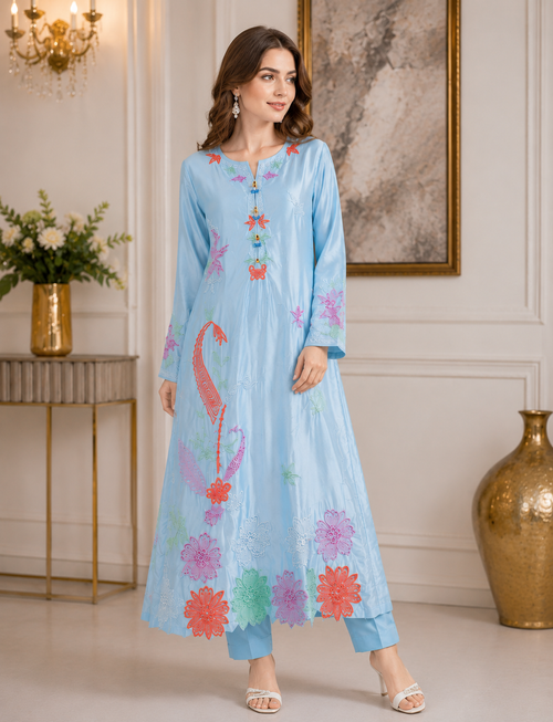 Sky Blue Embroidered Silk Long Kaftan