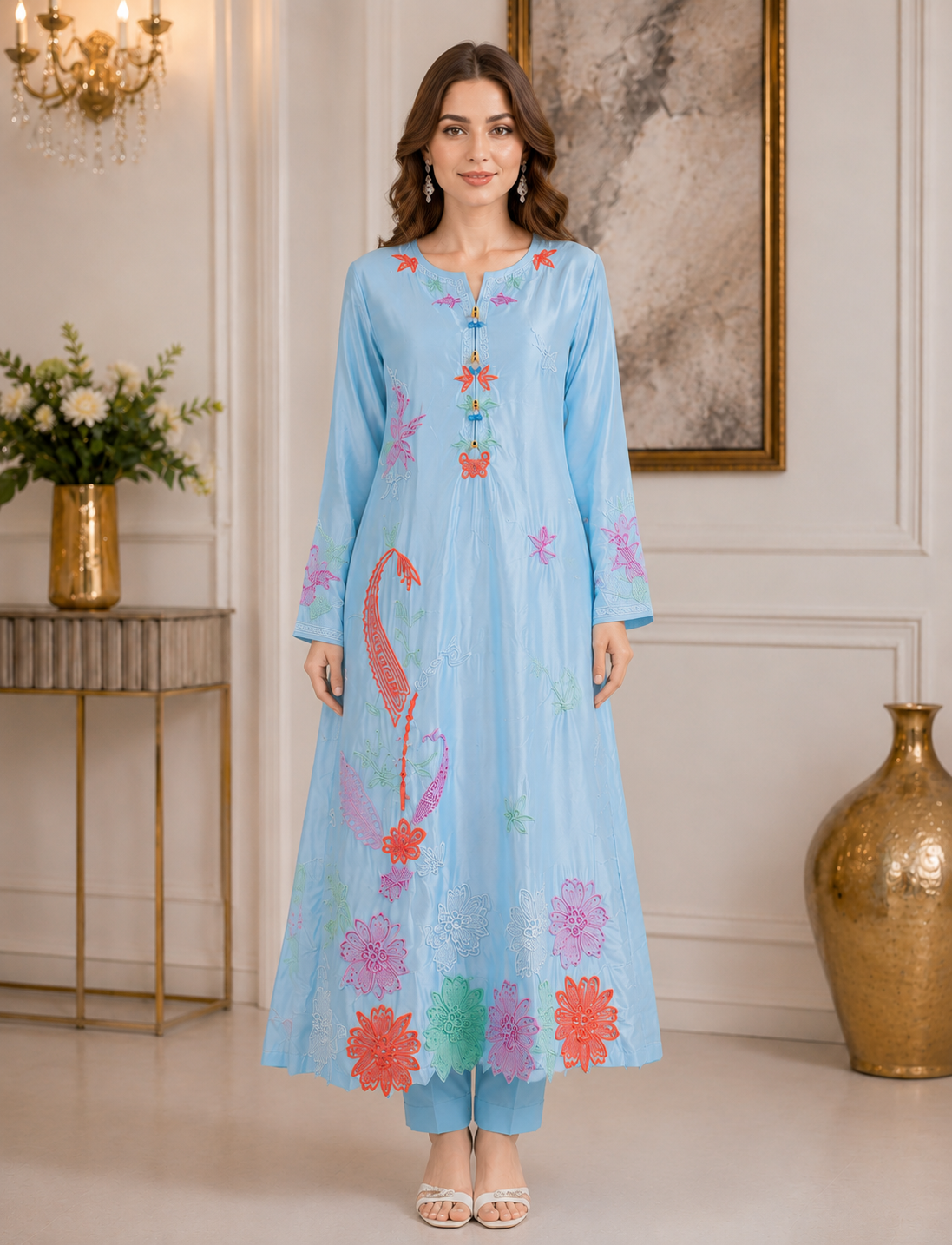 Sky Blue Embroidered Silk Long Kaftan