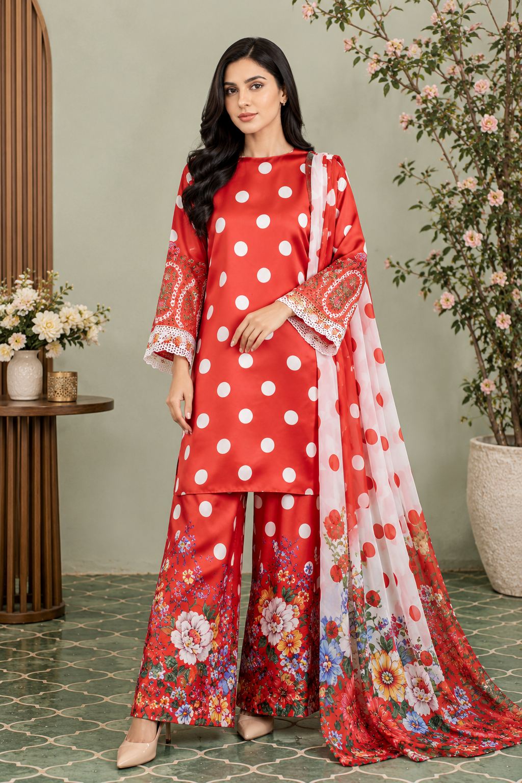 Coral Red Polka Dot Silk 3-Piece Suit with Floral Printed Trouser & Dupatta