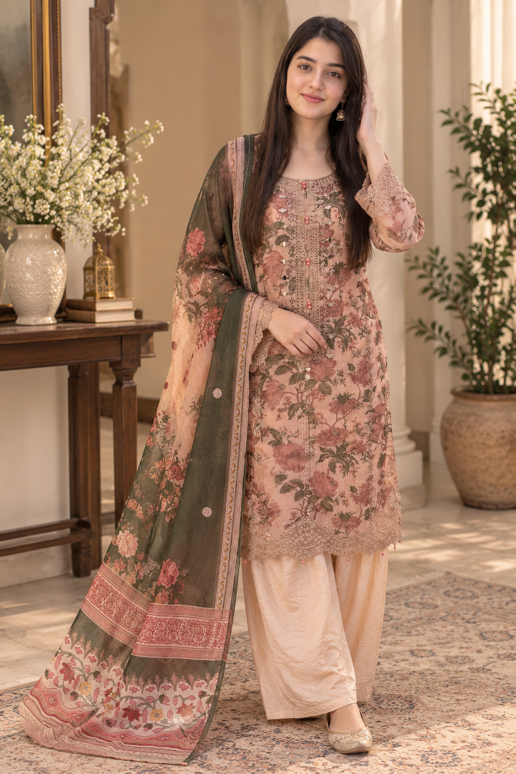 Dusty Rose Floral Embroidered 3-Piece Suit with Peach Trouser & Olive Dupatta