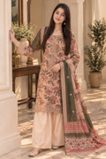 Dusty Rose Floral Embroidered 3-Piece Suit with Peach Trouser & Olive Dupatta