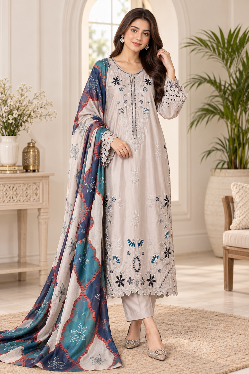 Pearl Beige Embroidered Silk Kaftan 3-Piece Suit with Printed Dupatta