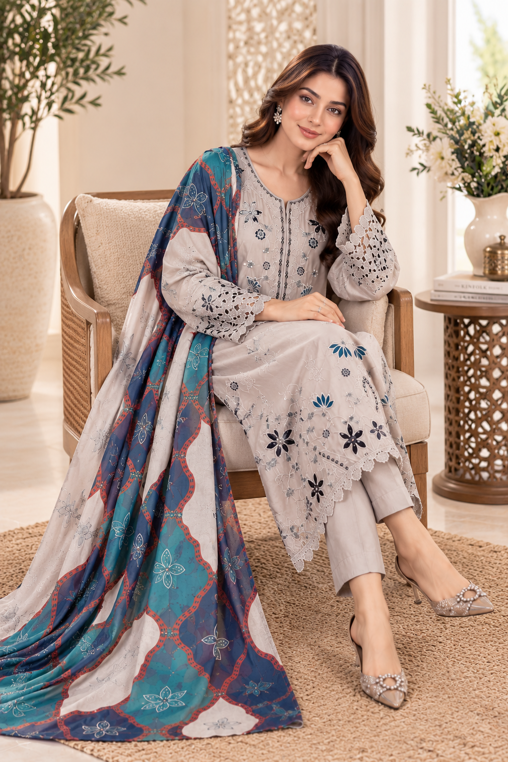 Pearl Beige Embroidered Silk Kaftan 3-Piece Suit with Printed Dupatta