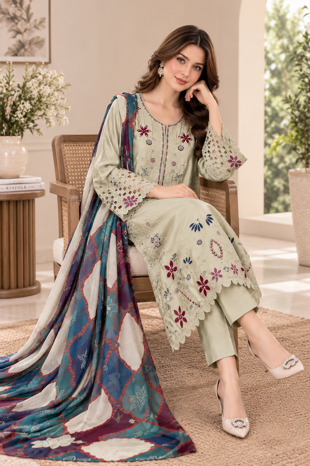 Sage Green Embroidered Silk Kaftan 3-Piece Suit with Printed Dupatta