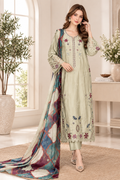 Sage Green Embroidered Silk Kaftan 3-Piece Suit with Printed Dupatta