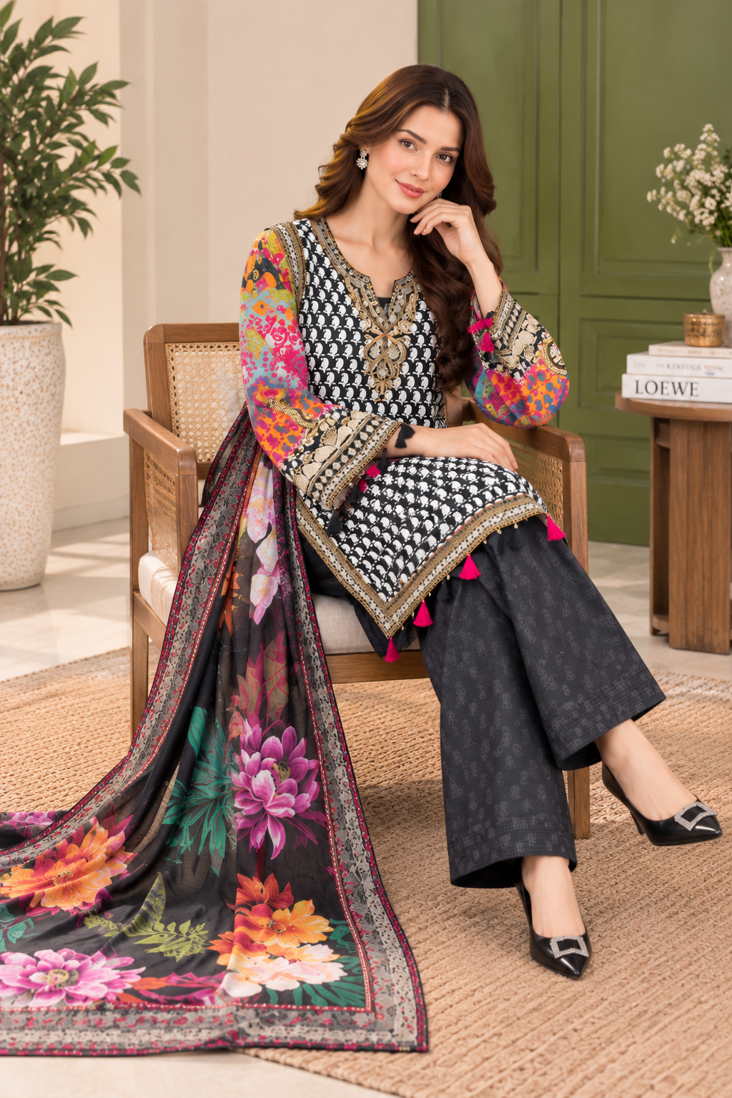 Black & White Printed Silky Viscose 3-Piece Suit with Embroidered Sleeves & Floral Dupatta