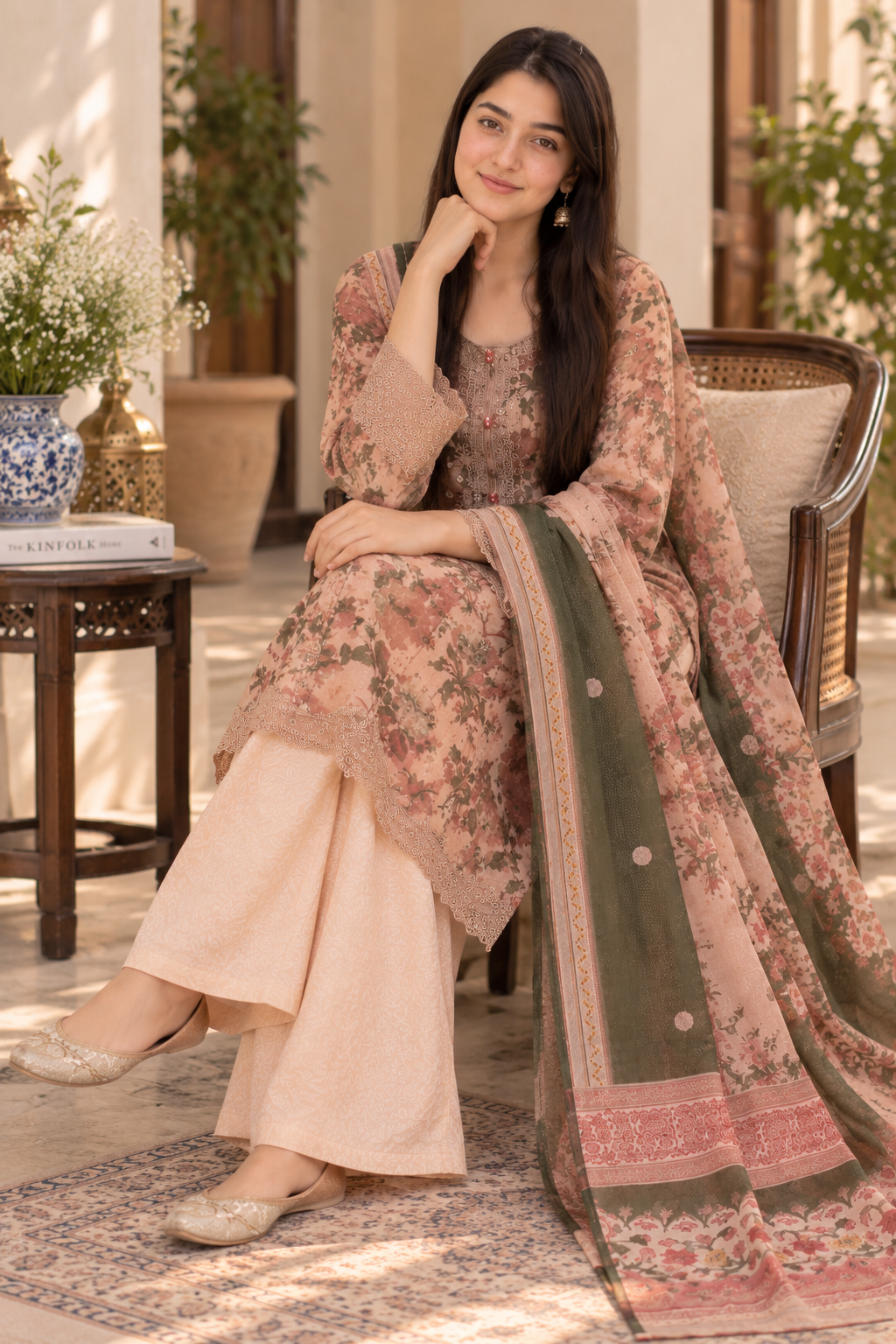 Dusty Rose Floral Embroidered 3-Piece Suit with Peach Trouser & Olive Dupatta