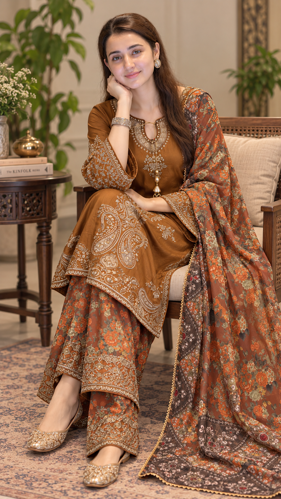 Caramel Brown Embroidered Organza Masuri 3-Piece Suit with Floral Palazzo & Printed Dupatta