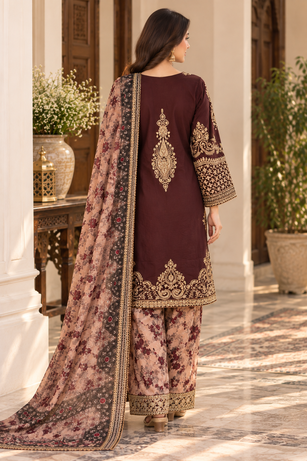 Deep Burgundy Embroidered 3-Piece Organza Masuri Suit with Floral Trouser & Printed Dupatta