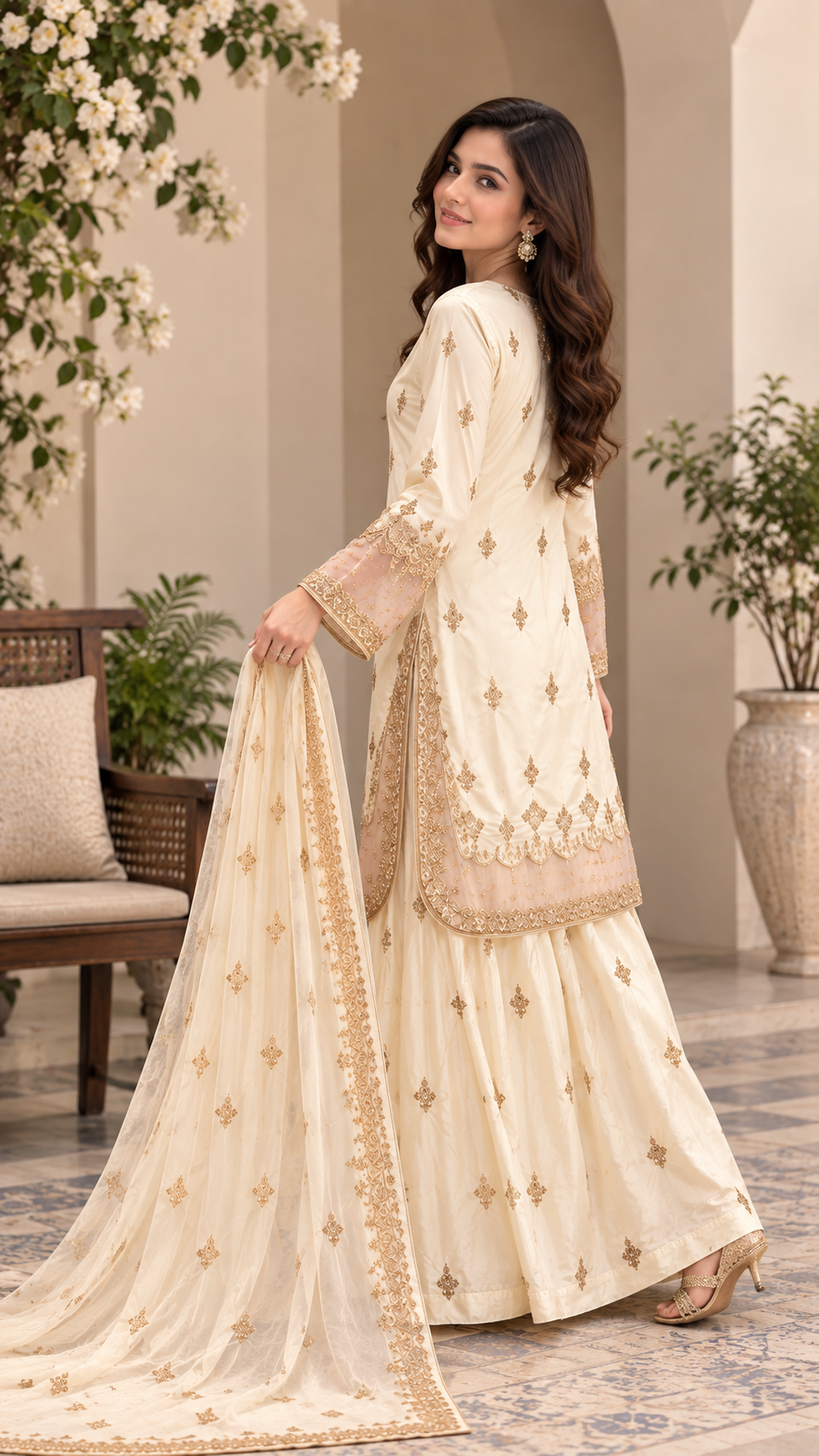 Ivory Gold Hand-Embellished Tissue Silk 3-Piece Sharara Suit