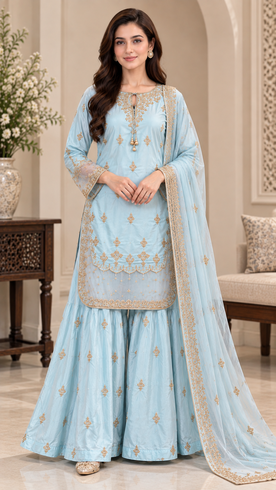 Ice Blue Gold Hand-Embellished Tissue Silk 3-Piece Sharara Suit