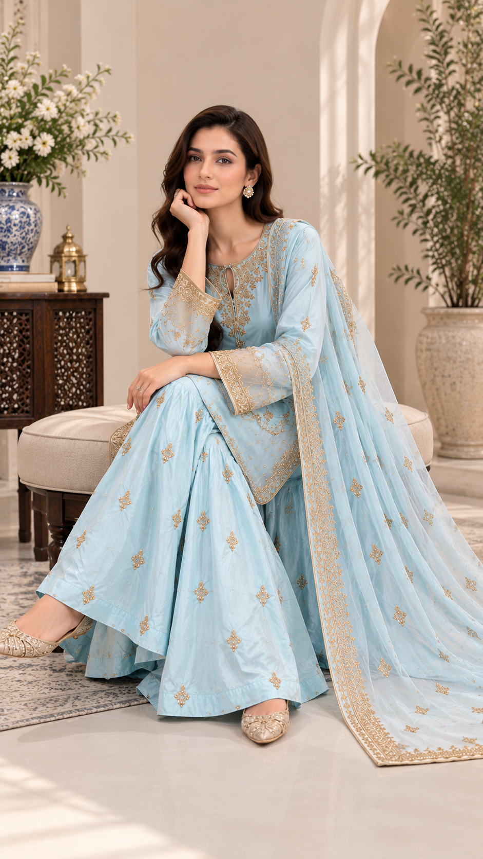 Ice Blue Gold Hand-Embellished Tissue Silk 3-Piece Sharara Suit