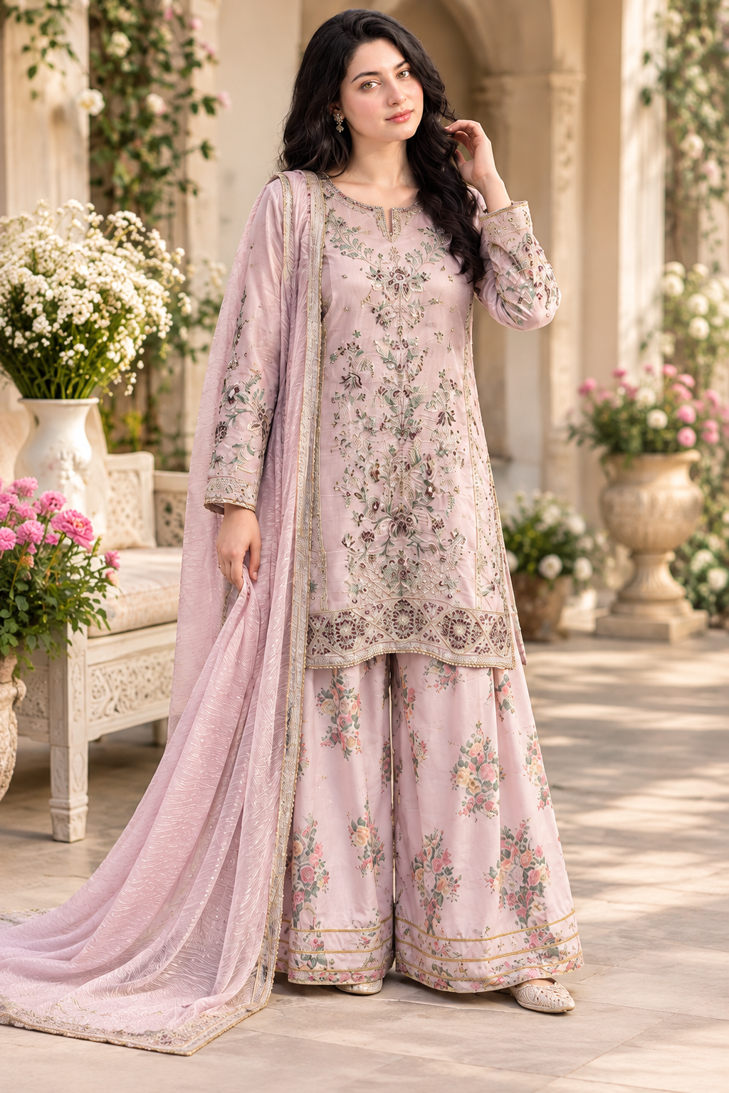 Dusty Pink Floral Embroidered Organza Masuri 3-Piece Suit with Hand Embellishments