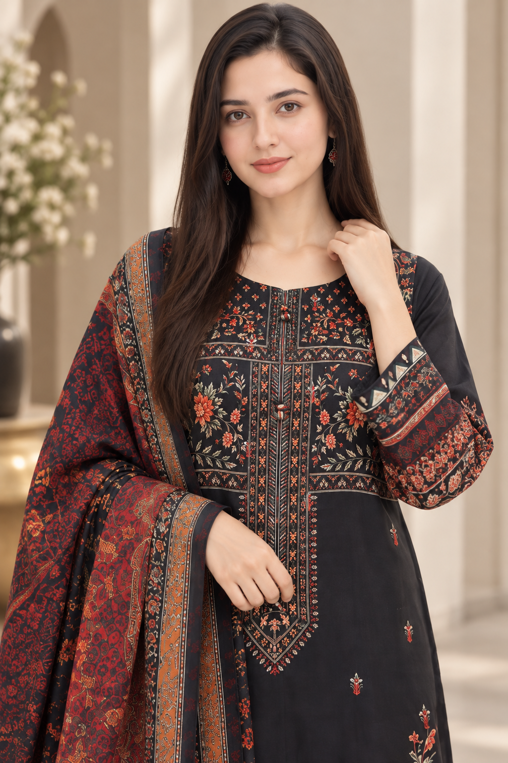 Black Floral Printed Silk 3-Piece Suit with Embroidered Borders & Printed Dupatta