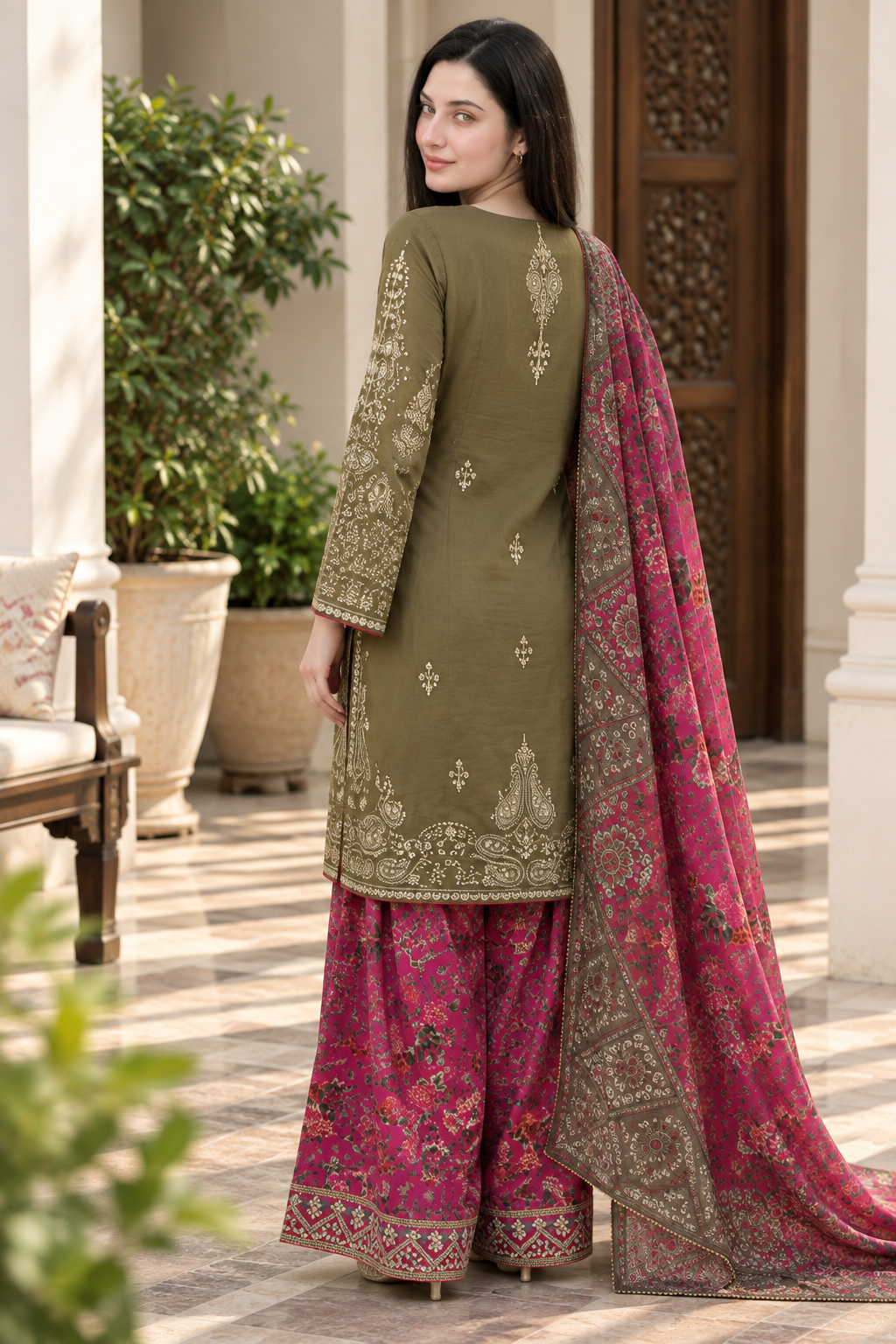 Olive Green & Magenta Embroidered 3-Piece Ethnic Style Luxury Silky Viscose Suit with Printed Silk Scarf