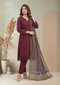 Maroon Embroidered 3-Piece Suit with Striped Digital Print Dupatta