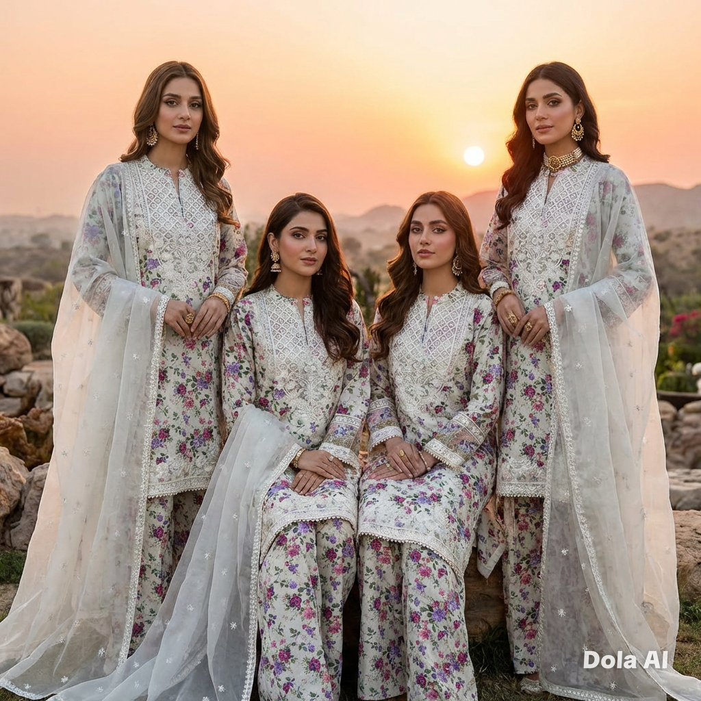 Floral suit with wide trousers and Chiffon embroidery dupatta