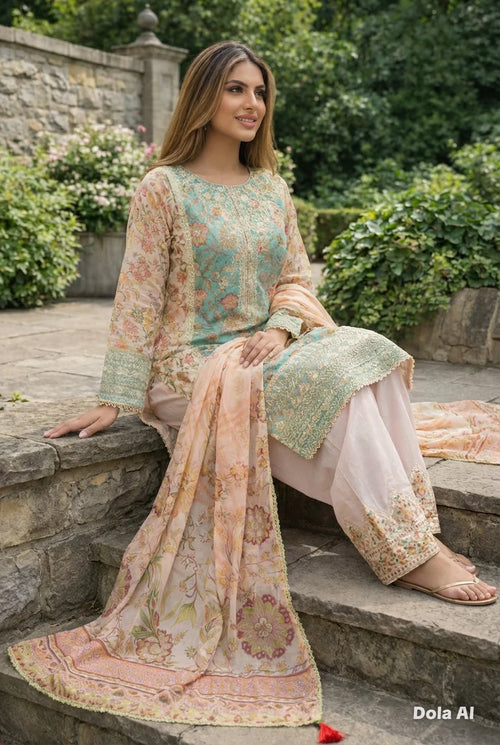 Inspired Karma Baby Blue 3pc Outfit With a Farshi Shalwar & Silk Scarf