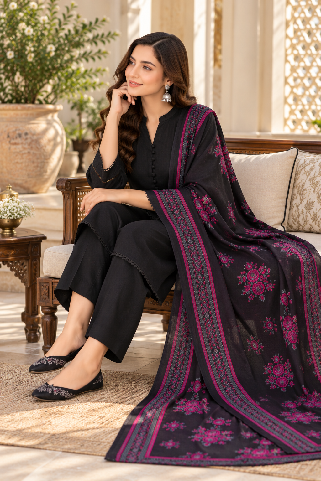 Black Dhanak 3-Piece Suit with Magenta Floral Dhanak Shawl