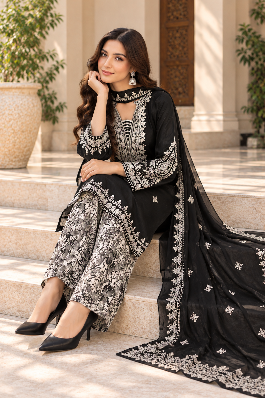 Black Embroidered Silky Viscose Suit with Printed Trousers and Dupatta