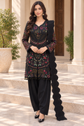 Black Embroidered Silky Viscose Suit with Lace Dupatta