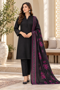 Black Dhanak 3-Piece Suit with Magenta Floral Dhanak Shawl