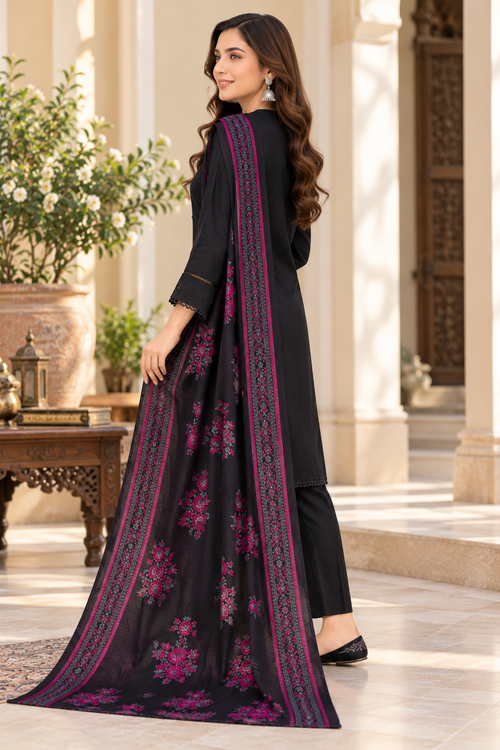 Black Dhanak 3-Piece Suit with Magenta Floral Dhanak Shawl