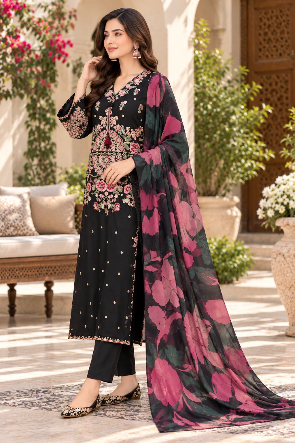 Black Silk Viscose 3-Piece Suit with Pink Floral Digital Print Dupatta